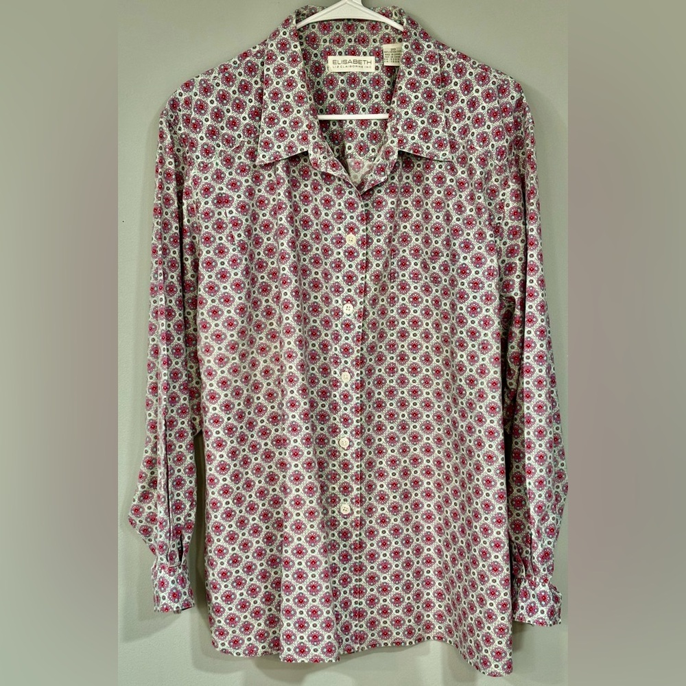 ELISABETH by LIZ CLAIBORNE Pink & Blue Ornamental Button Down Shirt Blouse 20